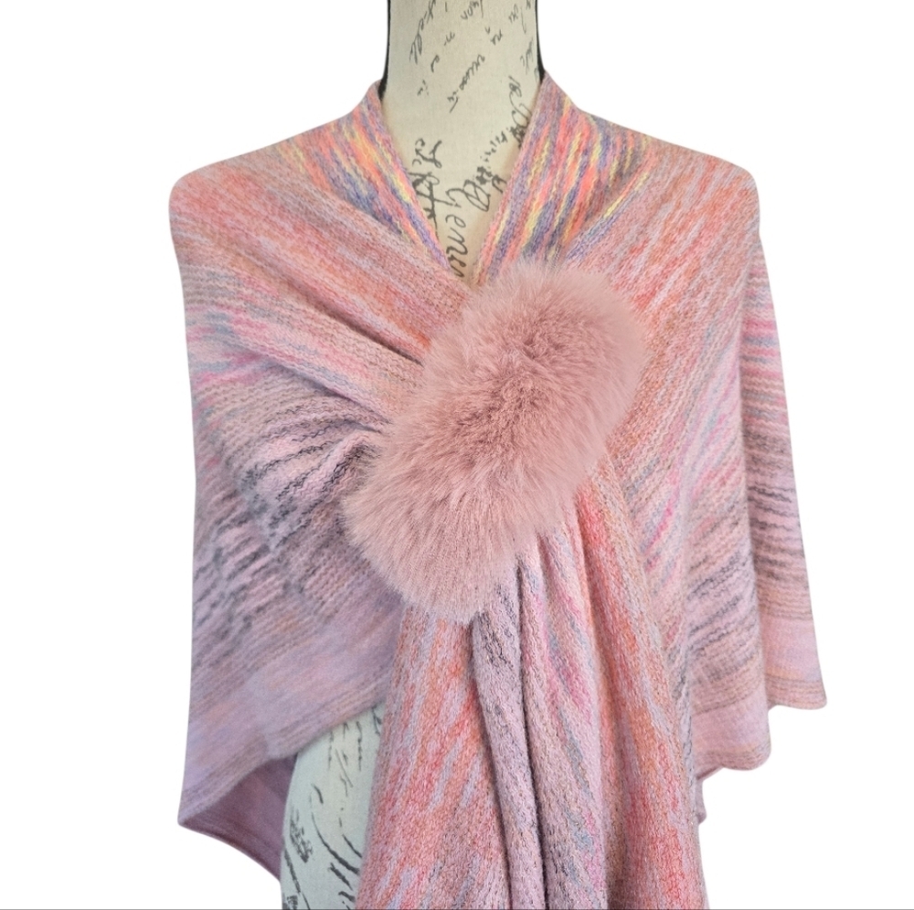 Pink Rainbow Faux Fur Pom Pom Fringe Assymetrical Poncho Wrap - Picture 4 of 7